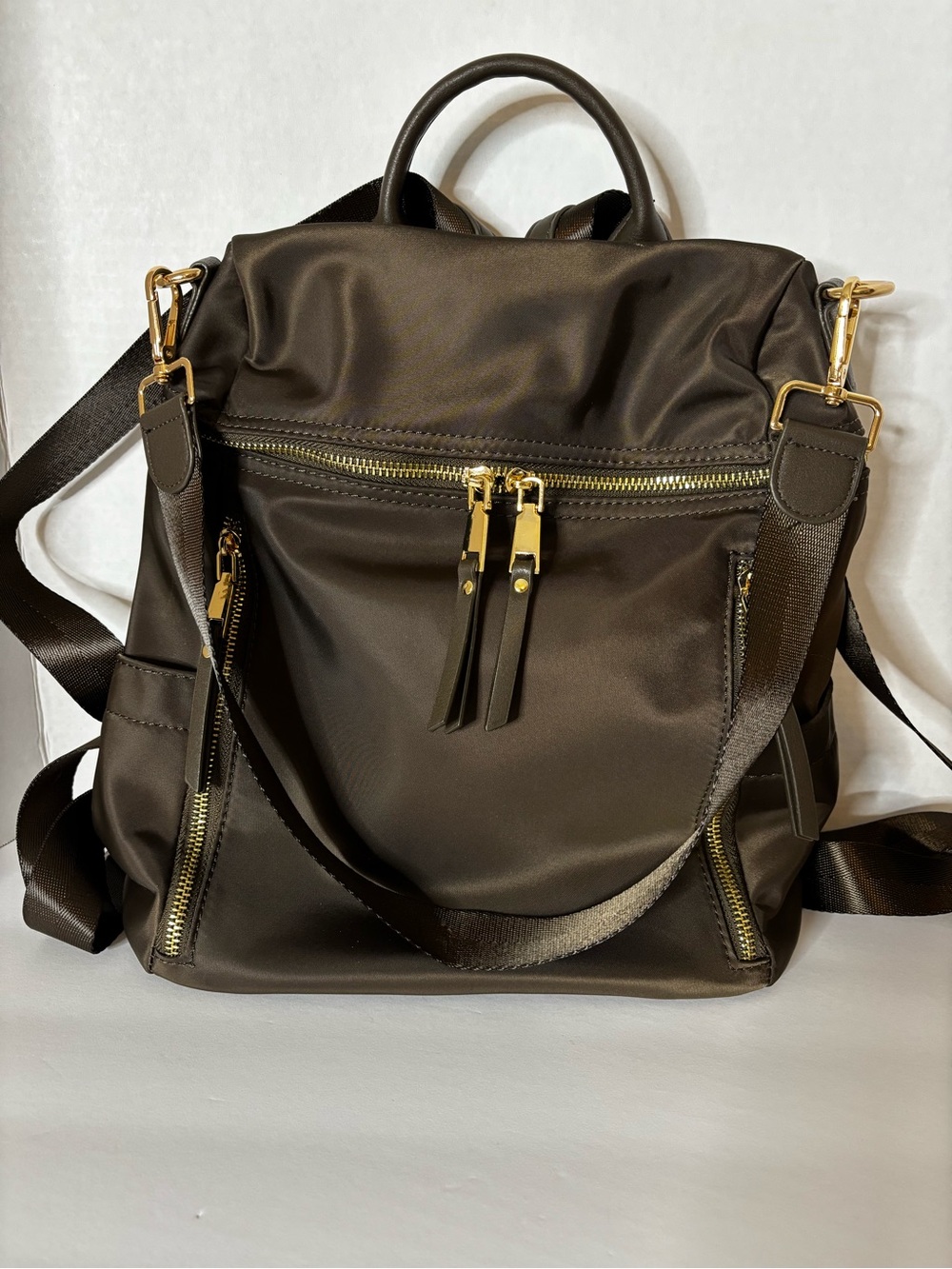 Miztique Dark Brown Nylon Backpack with Gold Hardware